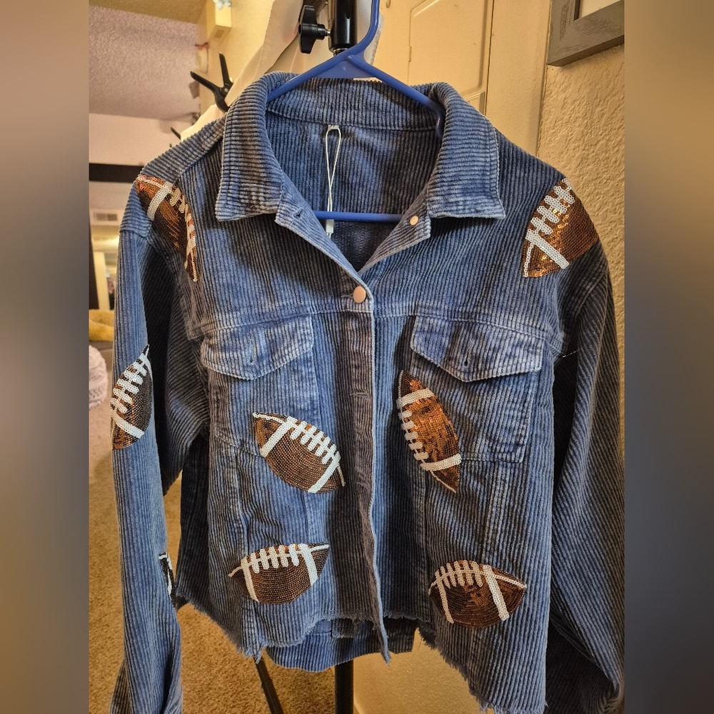 Blue Cordory Jacket with Sequin Brown Football Patches